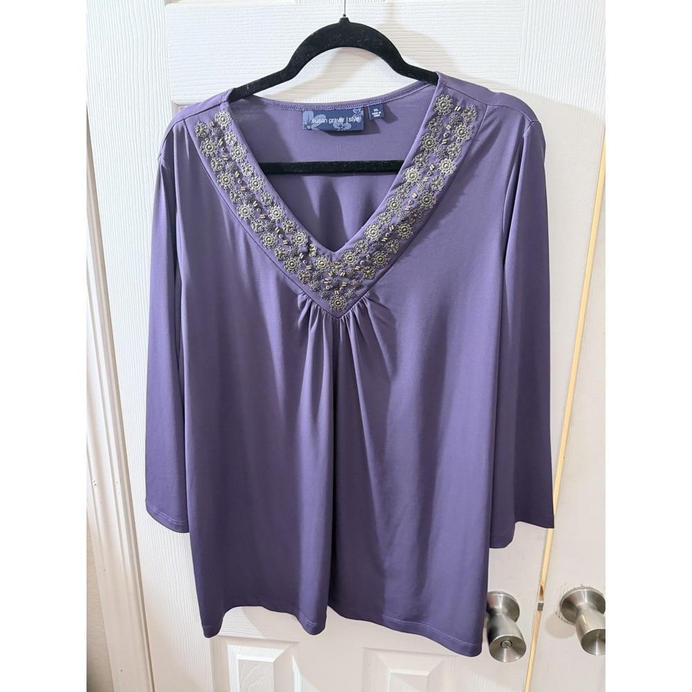 Susan Graver Purple Beaded Neckline Liquid Knit‎ Top XL